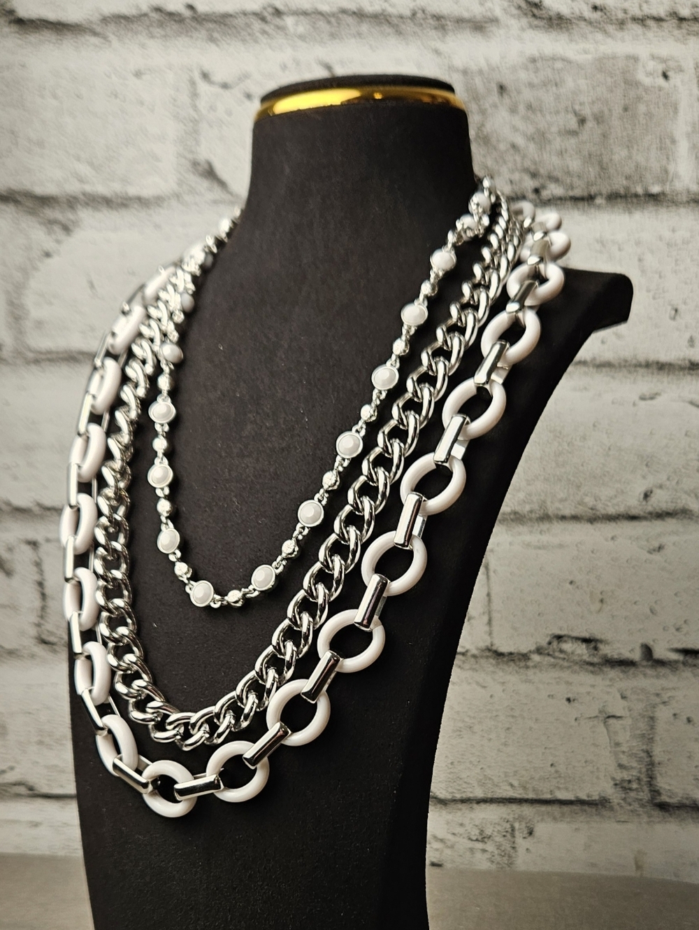Lia Sophia Multi Strand Silver White Chain Statement Necklace